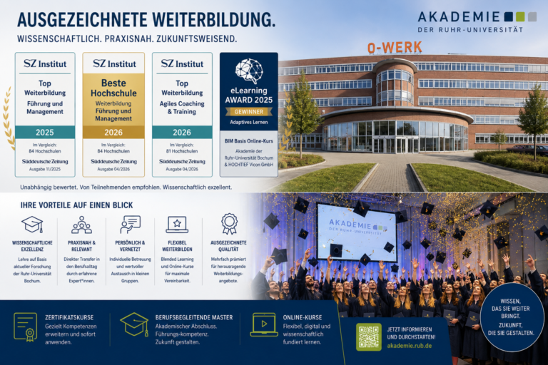 Die renommierte Weiterbildungsakademie der Ruhr-Universität wurde von der Süddeutschen Zeitung ausgezeichnet. Entdecken Sie Zertifikatskurse, berufsbegleitende Master und innovative Online-Kurse.